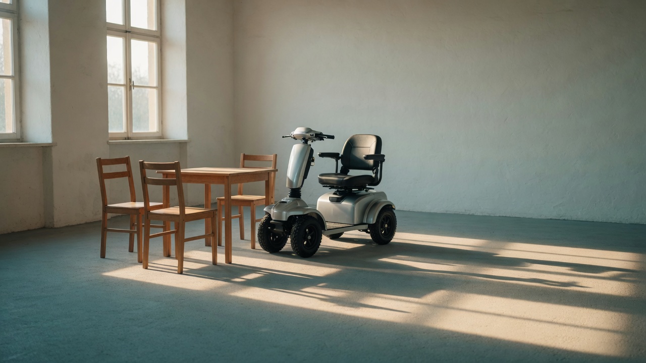 Stimmungsbild einer Beratungsecke mit Elektromobil, Morgenlicht
